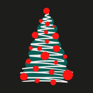Beyaz arkaplan simgesinde izole edilmiş Noel ağacı çizilmiş. Sezonluk tasarım, tekstil ve tebrik kartı dekorasyonu için komik ve şirin bir klasik çizim. Çiçekli yeni yıl çelengi.