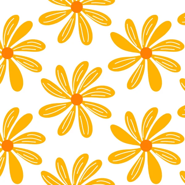 Hand Drawn Chamomile Summer Floral Seamless Pattern Isolated White Background — Stock Vector