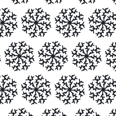 Beyaz arka planda izole edilmiş kar taneleri olan kusursuz bir Noel deseni. Mevsimsel tasarım, tekstil, dekorasyon ve tebrik kartı için mutlu yıllar. El çizimleri ve karalama.