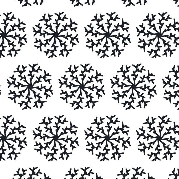Beyaz arka planda izole edilmiş kar taneleri olan kusursuz bir Noel deseni. Mevsimsel tasarım, tekstil, dekorasyon ve tebrik kartı için mutlu yıllar. El çizimleri ve karalama.