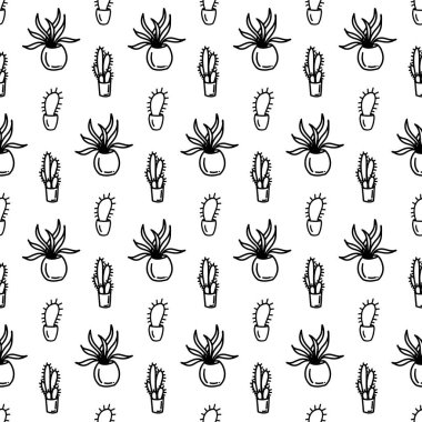 Yapraklı ve noktalı soyut çiçek deseni. Tatlı siyah beyaz bir arka plan. Yaz monokrom basit baskı. Tencereye elle çizilmiş çiçekler. Siyah beyaz duvar kağıdı, kaktüs, tulpin.