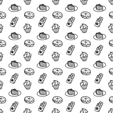 Beyaz arka planda izole edilmiş farklı tatlı ikonlar olan kusursuz bir el çizimi. Donut, kek, kek, bir kafe dekoru için çikolata ambalajı. Yetişkin ve çocuk boyama sayfası