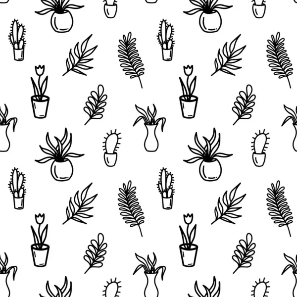 Абстрактний Квітковий Безшовний Візерунок Листям Крапками Doodle Милий Чорно Білий — стоковий вектор