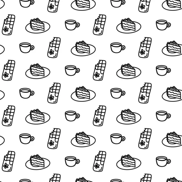 Beyaz arka planda izole edilmiş farklı mutfak simgeleri olan kusursuz bir el çizimi. Çörek fincanı, kupa, çikolata, bir kafe dekoru için sıra halinde pasta paketi. Yetişkin ve çocuk boyama sayfası