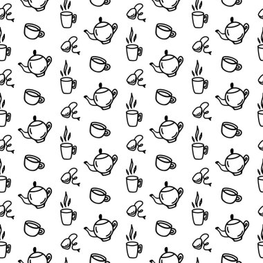 Beyaz üzerine izole edilmiş farklı mutfak simgeleri olan kusursuz bir el çizimi. Çörek fincanı, kupa, çaydanlık, çay poşeti, bir kafe dekoru için hizaya sokulmuş kahve fincanı. Yetişkin ve çocuk boyama sayfası