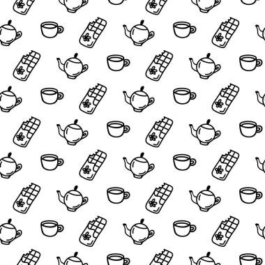Beyaz arka planda farklı tatlı ikonlar olan kusursuz bir el çizimi. Çikolata, çaydanlık, çaydanlık, kahve demliği, fincan, bir kafe dekoru için sıra halinde resim paketi. Yetişkin ve çocuk boyama sayfası