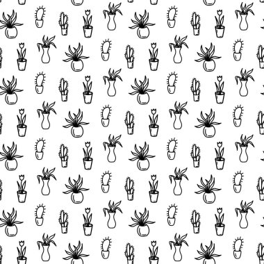 Yapraklı ve noktalı soyut çiçek deseni. Tatlı siyah beyaz bir arka plan. Yaz monokrom basit baskı. Tencereye elle çizilmiş çiçekler. Siyah beyaz duvar kağıdı, kaktüs, lale.