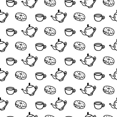 Beyaz arka planda fincan, çaydanlık ve çörek simgeleriyle kusursuz desenli vektör el çizimi. Kahve demliği, kupa, kafeterya dekoru için sıra halinde donut. Yetişkin ve çocuk boyama sayfası