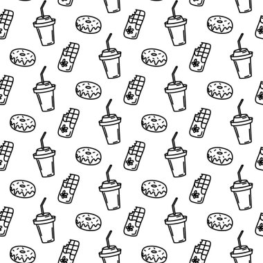 Taşıyıcı el, çikolata, çörek ve beyaz arka planda saman simgeleriyle çizilmiş. Çikolata, içecek, donut, sanat tarzı. Yetişkin ve çocuk boyama sayfası