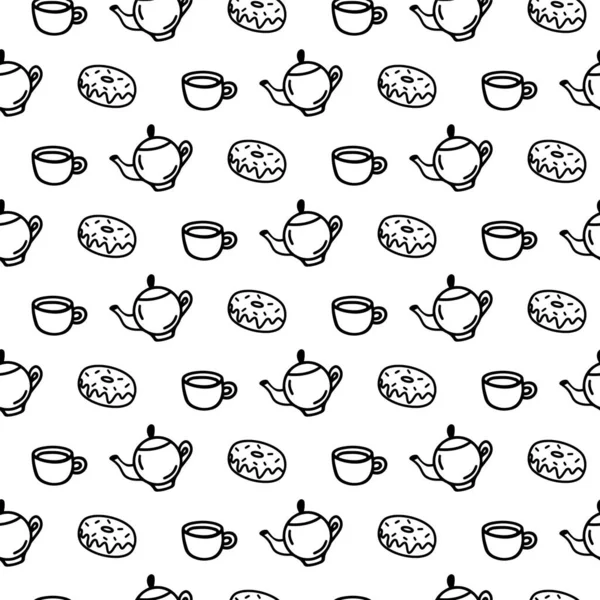 Vector Hand Drawn Seamless Pattern Cup Teapot Donut Icons White — стоковый вектор