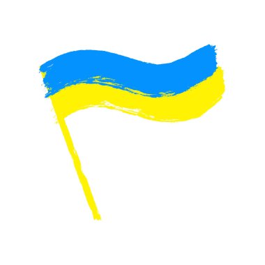 Hand drawn Ukraine flag brush concept. Flag of Ukraine grunge style isolated on white background. Grunge brush stroke with Ukraine national flag. Watercolor painting flag of Ukraine with stick handle