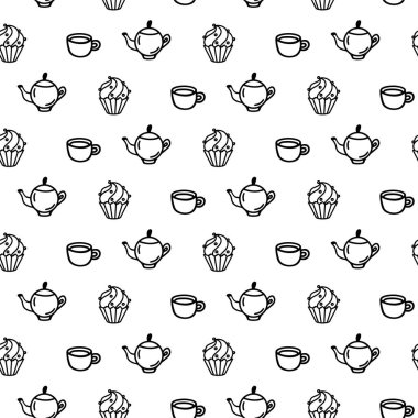 Vector hand drawn seamless pattern with different sweet icons on white background. Doodle cup, mug, teapot, coffee pot, cake wrap in line art style for a cafe decor. Adult and kids coloring page