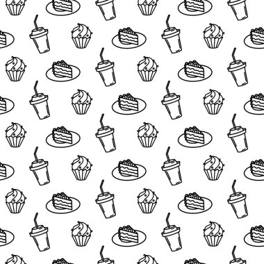 Hand drawn seamless pattern with a piece of cake, a plate, dessert, a glass of soda, coffee, a donut, a glazed cupcake on white background. Adult and kids coloring page. Doodle Sweet food supplies