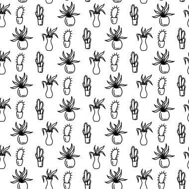 Flower seamless pattern with leaves and dots. Doodle black and white background. Summer monochrome simple print. Hand drawn flowers in pots. Wallpaper, cactus, tulip, adults and kids coloring page
