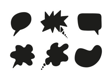 Konuşma, düşünce, konuşan el yazısı baloncukları. Bulutlardan bahset. Karalama balonu şeklinde. Çizim tarzında fırça kalemi ile çizilmiş. Boş siyah konuşma balonu. Bulutlar. Görevler için çıkartmalar