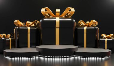 Karanlık odada hediye kutusuyla 3D görüntüleme podyumu