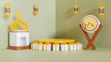 Ramazan Kareem İslami selamlar yeşil zemin Hilal ay, fener, yıldız ve podyum ile