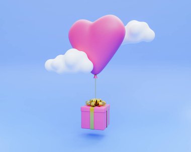 Mavi arka planda aşk balonu olan 3D çizim uçan hediye kutusu