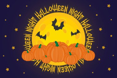 Cadılar Bayramı Gecesi Arkaplanı Balkabakları, Ay, Yıldızlar ve Ayın Etrafındaki Metinlerle