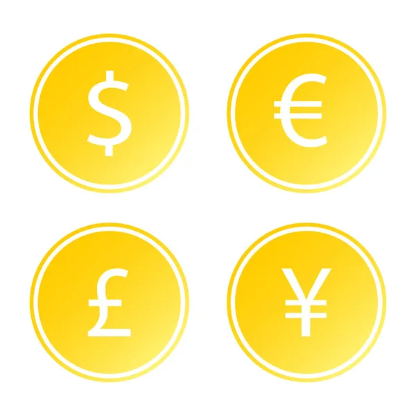 Golden Coin Icons Dólar Euro Libra Yen Ilustración Vectorial — Vector de stock