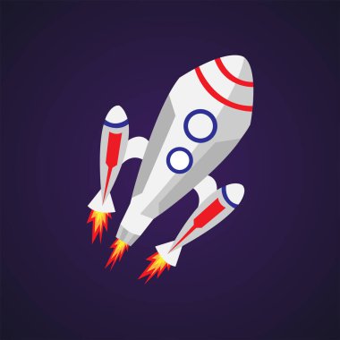 Türbinli beyaz roket ve koyu mavi arka planda ateş. Uzay gemisi. Düz vektör illüstrasyonu