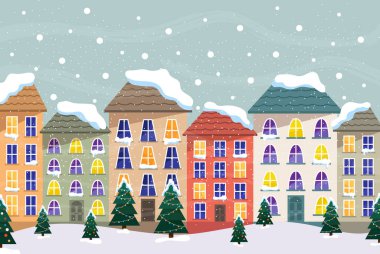 2022 yılbaşı ve noel için dekore edilmiş binalar. Xmas için inşaat cephesi. Tatil ve kutlama, kış mimarisi