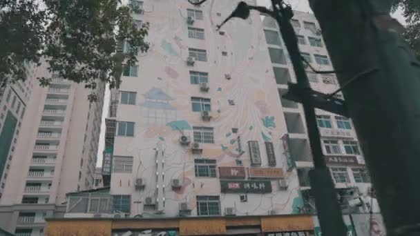 Kinesiska Byggnader Film Kinesiska Tecken Reklamskyltar Väggen — Stockvideo