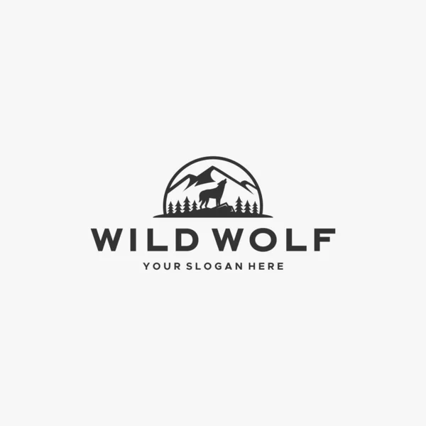 Projeto minimalista WILD WOLF árvore de montanha logotipo — Vetor de Stock
