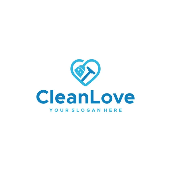 Flache CleanLove Besen Staubsauger Logo Design — Stockvektor