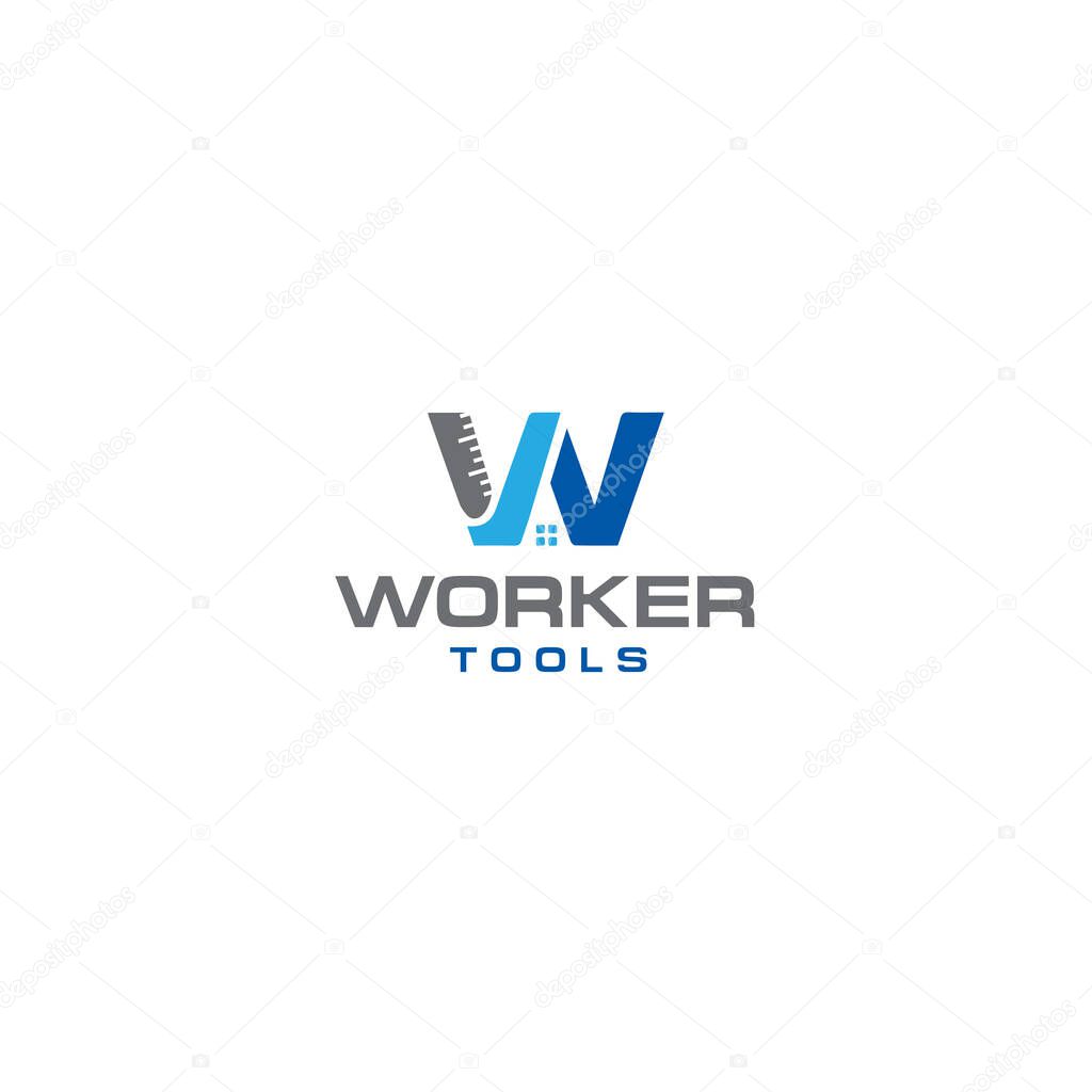 Flat initial W WORKER TOOLS home house logo design