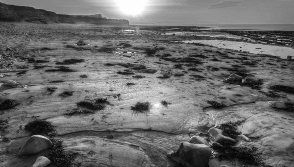 Západ Slunce Padající Přes Pláž East Quantoxhead Somersetu Podzimní Večer — Stock fotografie