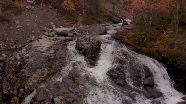 山の川は 花崗岩の急流を流れ 秋には木々の上に黄色の葉 — ストック写真