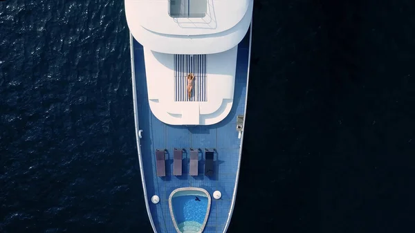 Yacht Top View Blue Woman Lies Deck Pool Deck White — Stock Photo, Image