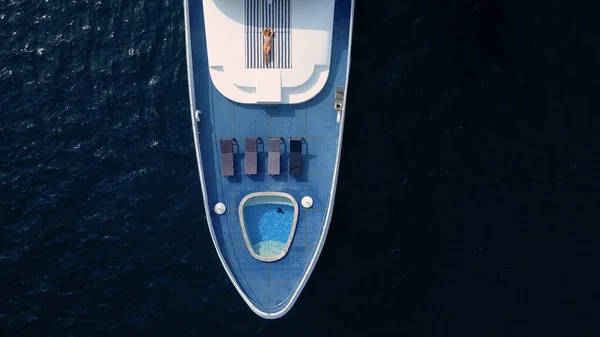 Yacht Top View Blue Woman Lies Deck Pool Deck White — Stock Photo, Image