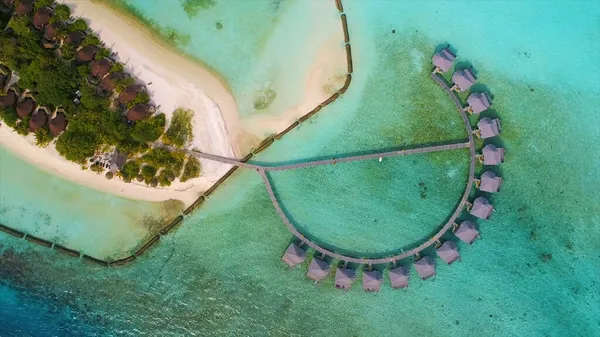 View Drone Bungalow Maldives Houses Semicircle Sandy Coast Small Island — Stock Photo, Image