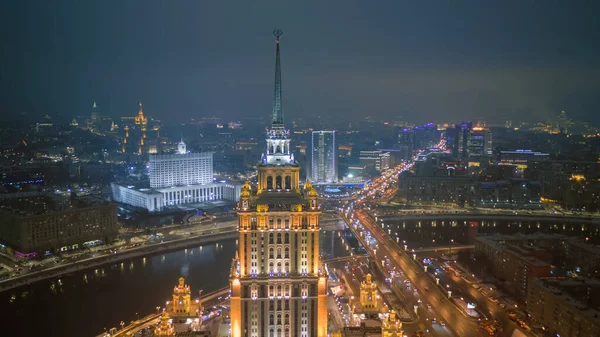 Moskva Natten Byggandet Moskva State University Utsikt Från Drönare — Stockfoto