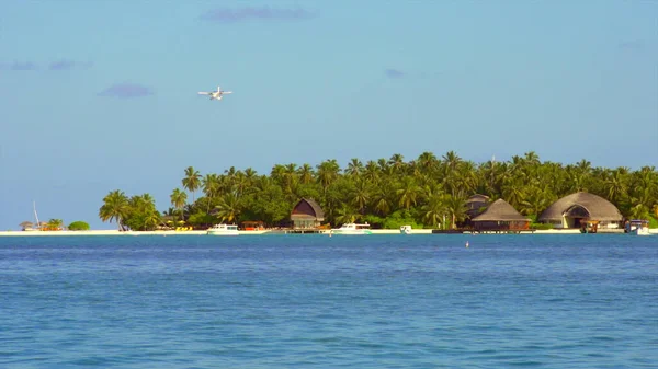 Planet Med Turister Kommer Att Landa Paradisön Blå Hav Palmer — Stockfoto