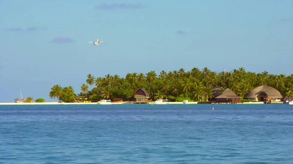 Letadlo Turisty Přistane Ostrově Paradise Modrém Oceánu Palmách Písečné Pláži — Stock fotografie