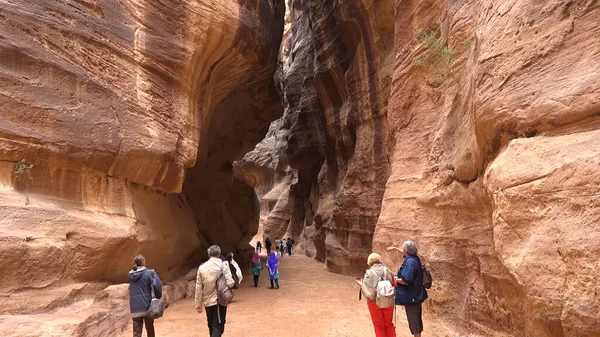 Rota Turística Através Desfiladeiro Para Petra Templo Rochoso Nabateu Jordânia — Fotografia de Stock