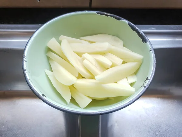 Top View Close Sliced Potatoes Metal Bowl Make French Fries — Stock Photo, Image