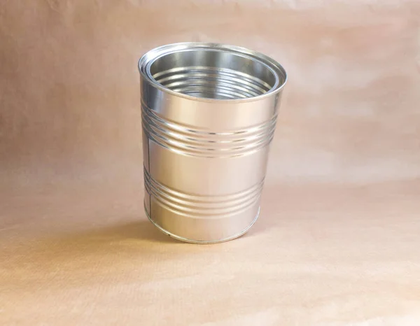 Close Single Silver Opened Empty Can Brown Paper Background — Stock Photo, Image