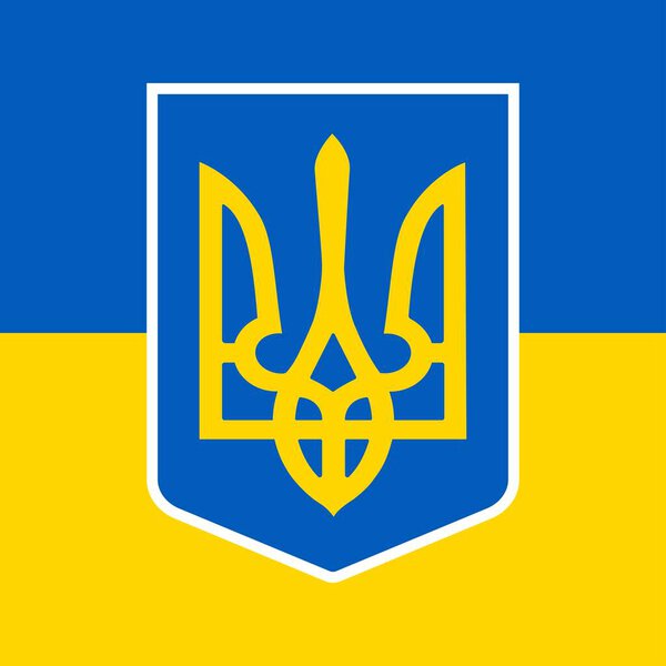 Ukraine flag with blue and yellow color theme. shield with trident