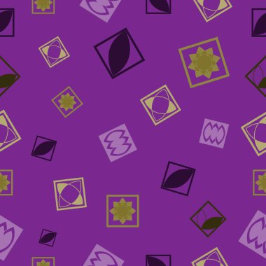 A repeating pattern vector design illustration with geometric nature shapes . colors include purple, green and yellow.