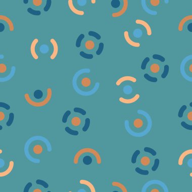 Dairesel şekilleri mavi kare arkaplan boyunca rastgele dağılmış kusursuz renkli desenler.