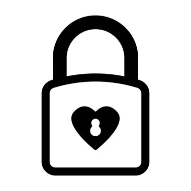 Ortasında kalp şekli ve anahtar deliği olan, beyaz kare bir arkaplanda izole edilmiş tek bir düz siyah simge kilitli ya da kapalı kilit