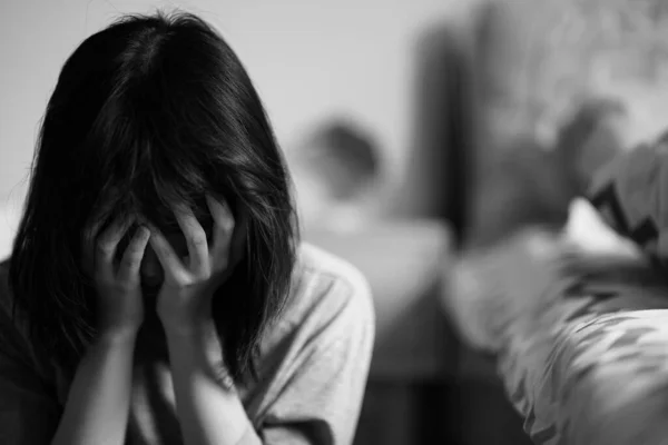 Black White Picture Woman Sitting Her Hands Her Face Despair — Stock Photo, Image