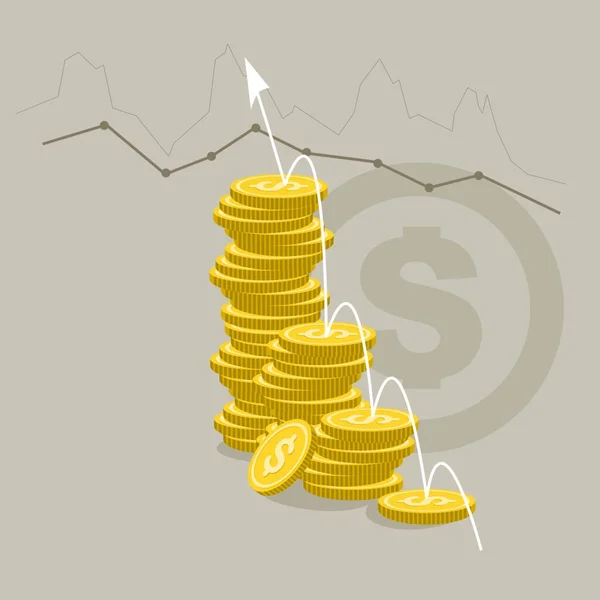 Concepto Crecimiento Del Dinero Monedas Gráficos Dólar Saltar Ilustración Vectorial — Vector de stock