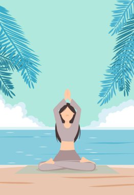 Kumsalda yoga yapan bir kadın. Düz tasarım vektör çizimi. Tatil gevşeme aktiviteleri.