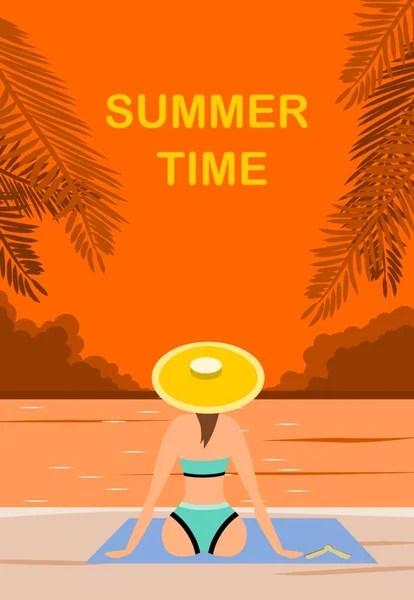 女人在海滩上休息 夏季活动 平面设计矢量插图 — 图库矢量图片