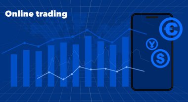 Çevrimiçi ticaret. Akıllı telefon aracılığıyla hisse senedi ve döviz değişimi. Finans sektörü iş illüstrasyonu.